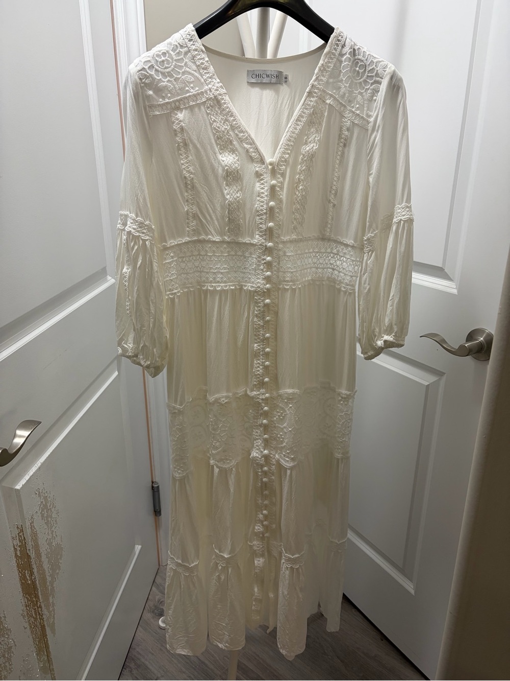 Chicwish Cream Lace-Trim Button-Front Maxi Dress